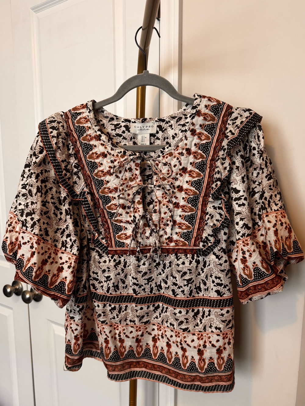 Calypso St. Barth White, Rust & Black Boho Lace-Up Quilted Peasant Blouse